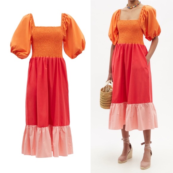 RHODE Dresses & Skirts - NWT Rhode Eloise Puff Sleeve Colorblocked Midi Dress in Clementine Multi
